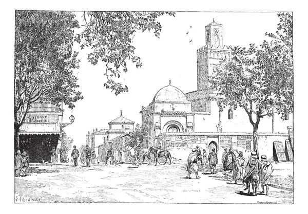 Calle de la Gran Mezquita, Tlemcen, Argelia, grabado vintage . — Archivo Imágenes Vectoriales