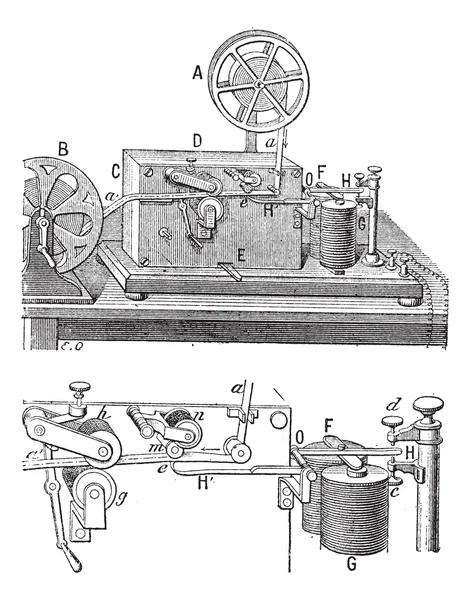 Telegraf, morse přístroje, vintage gravírování. — Stockový vektor