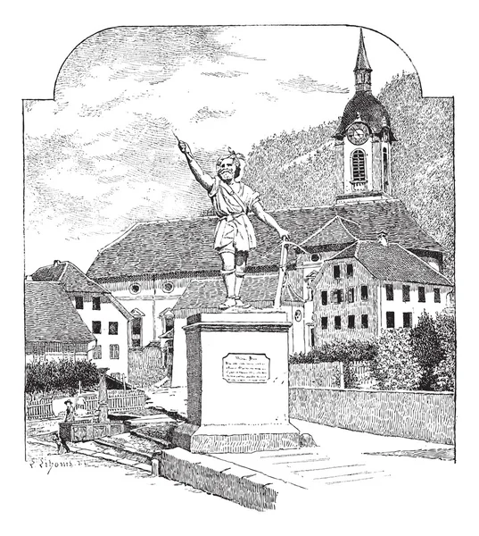 Άγαλμα του william πείτε σε altdorf, uri, vintage Χαρακτική. — Διανυσματικό Αρχείο