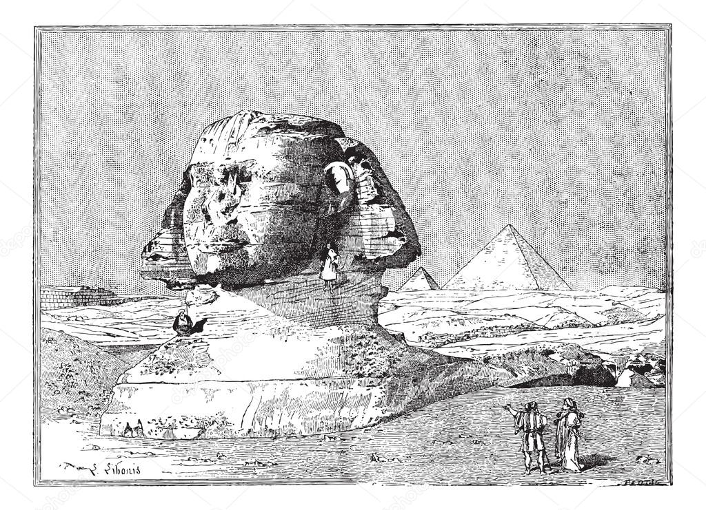 Sphinx, near the ruins of Memphis, Egypt, vintage engraving.