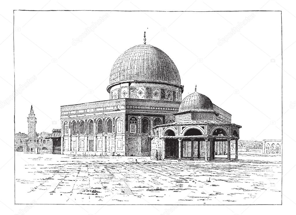 Mosque of Omar, Jerusalem, vintage engraving.