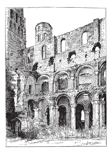 Ruines de l'abbaye de Jumieges, gravure vintage . — Image vectorielle