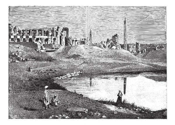 A nagy templom és az Obeliszk, a vintage en Karnak (Egyiptom) romjai — Stock Vector