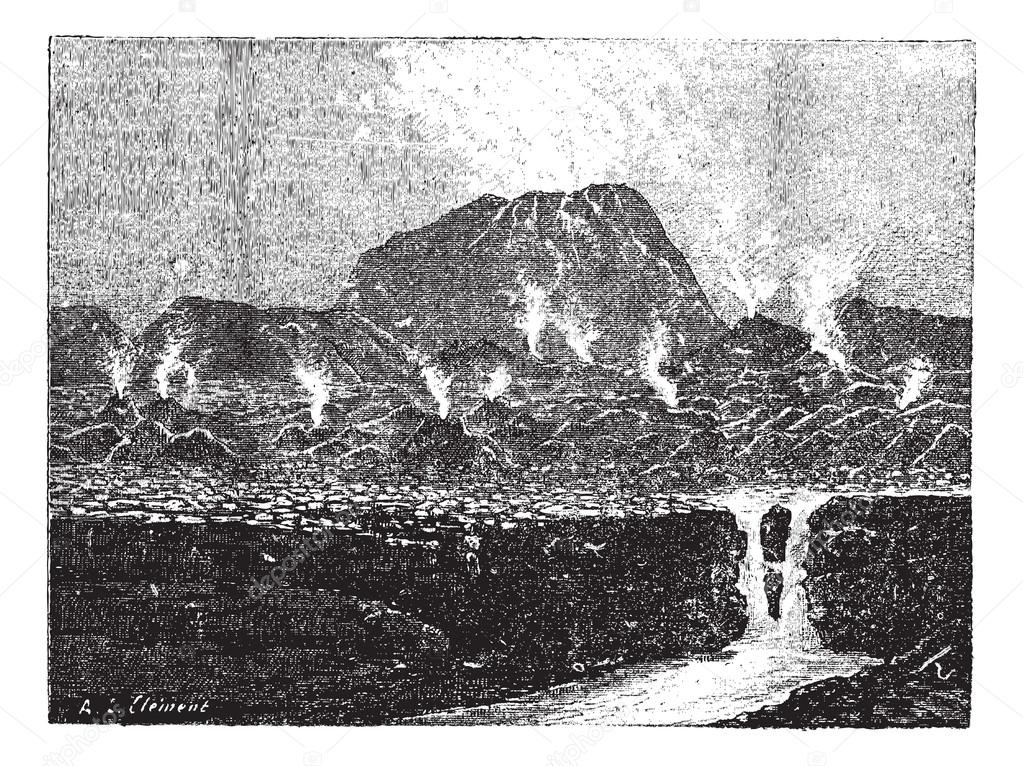 El Jorullo, a cinder cone volcano, vintage engraving.