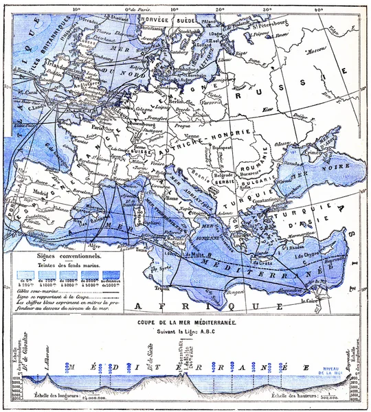 Карта Средиземного моря и других вод Европы, винтаж — стоковое фото