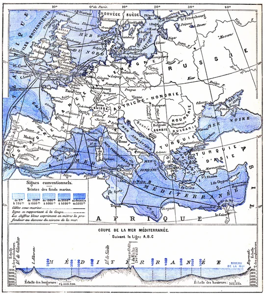 Map of the Mediterranean Sea and Other Waters of Europe, vintage