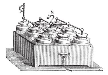 Electric Battery made up of Leyden Jars, vintage engraving clipart