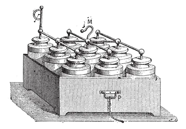 Batería eléctrica compuesta por frascos de Leyden, grabado vintage — Vector de stock