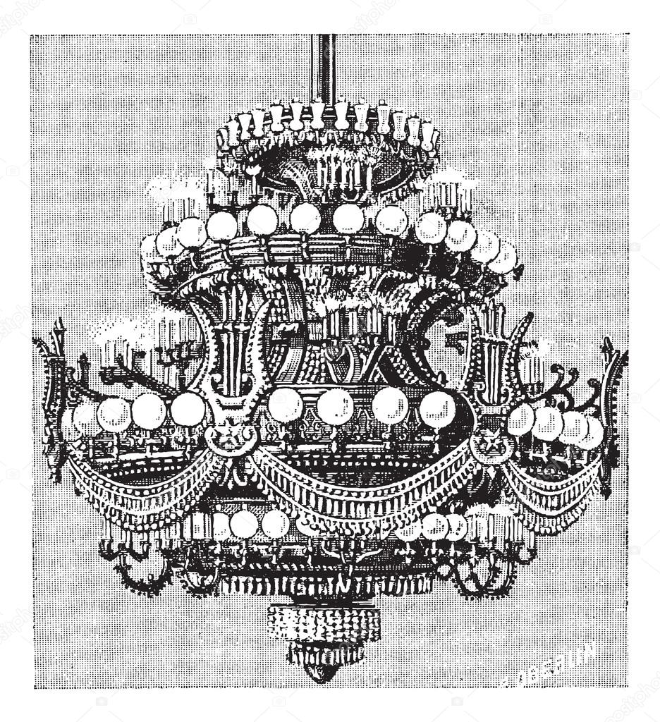 Chandelier of the Opera of Paris, vintage engraving. Stock Vector Image
