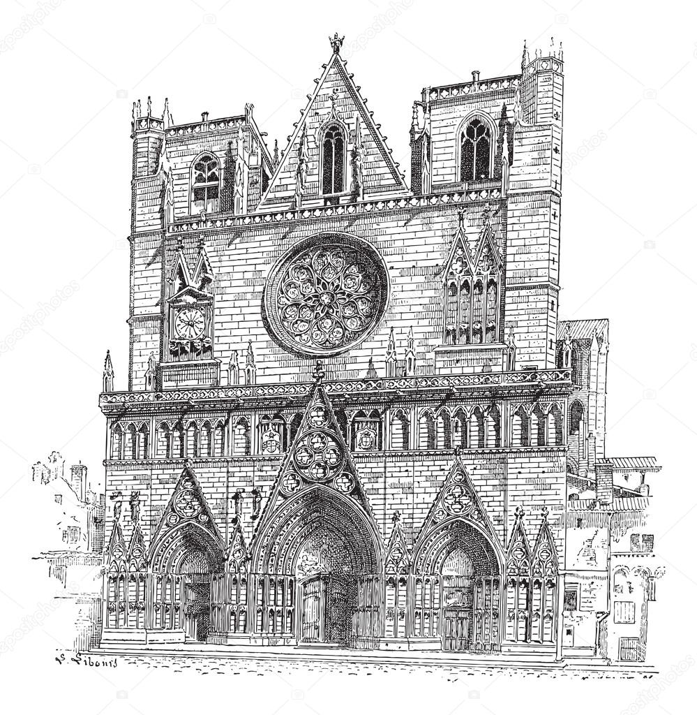 Lyon Cathedral in Lyon,France, vintage engraving
