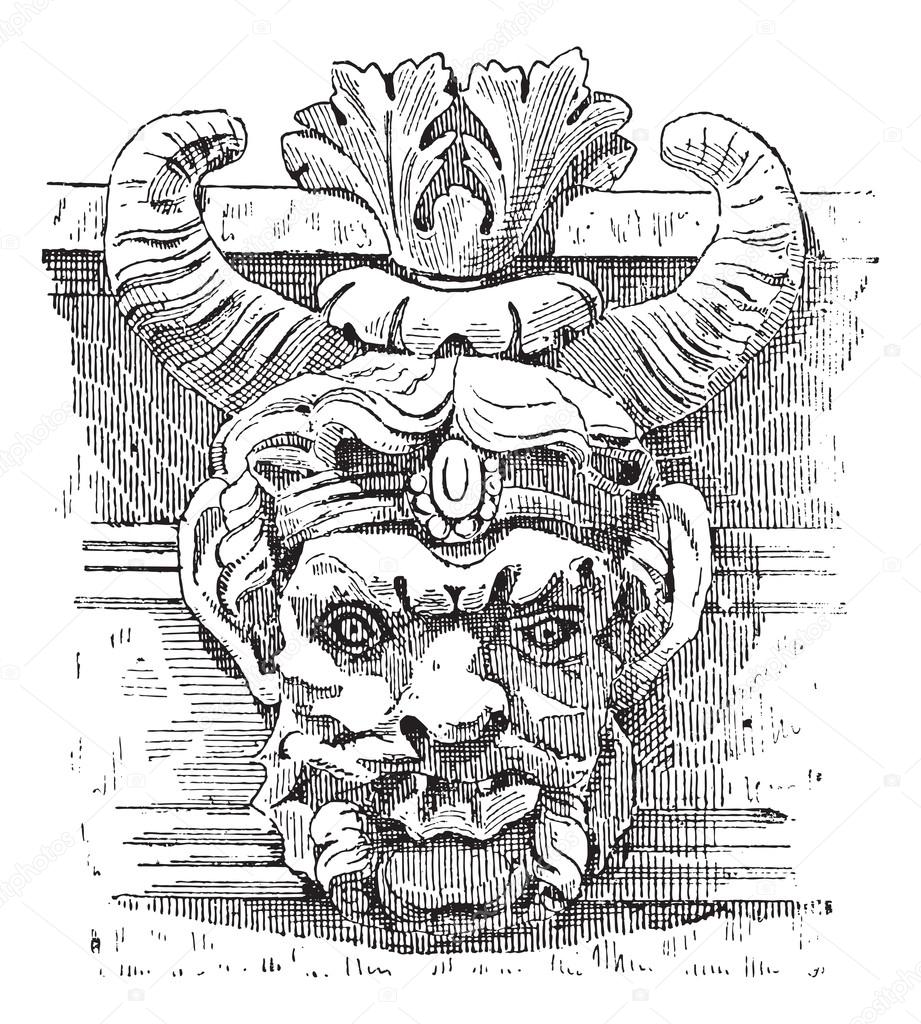 Grotesque Mask, vintage engraving