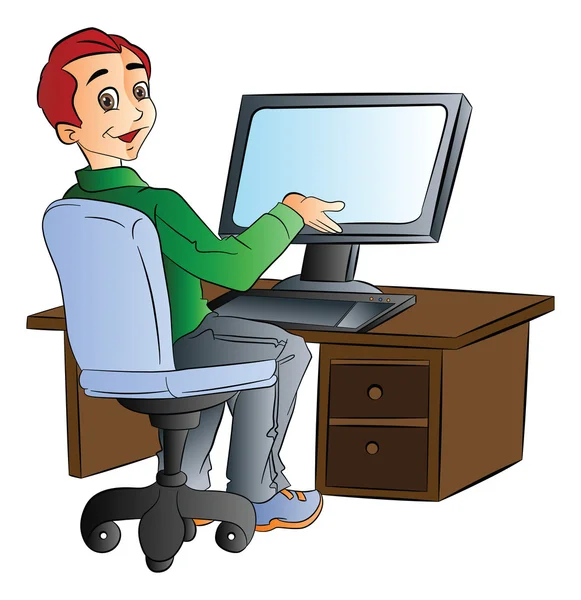 Άνθρωπος χρησιμοποιώντας έναν επιτραπέζιο υπολογιστή, εικονογράφηση — Διανυσματικό Αρχείο