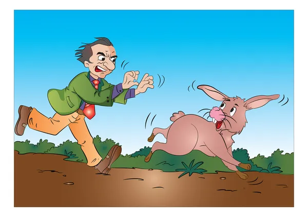 Hombre corriendo tras un conejo, ilustración — Vector de stock