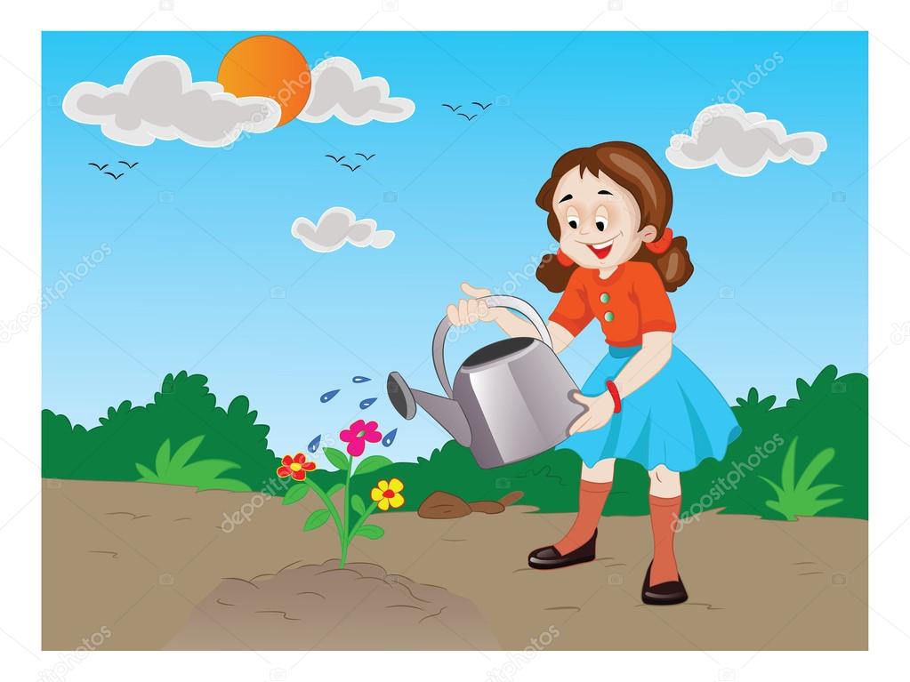 Girl Watering Flowers, illustration