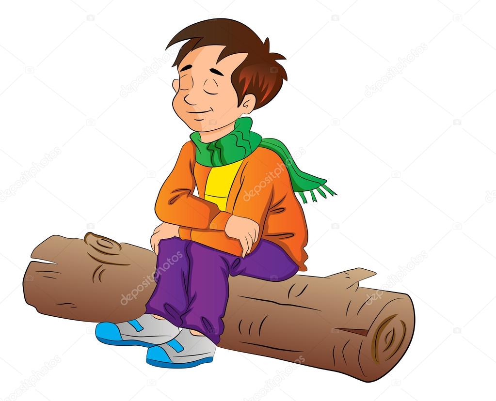 Boy Sitting on a Log, illustration