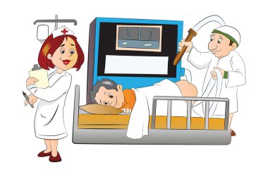 Doktor ve hemşire hasta için illüstrasyon katılıyor