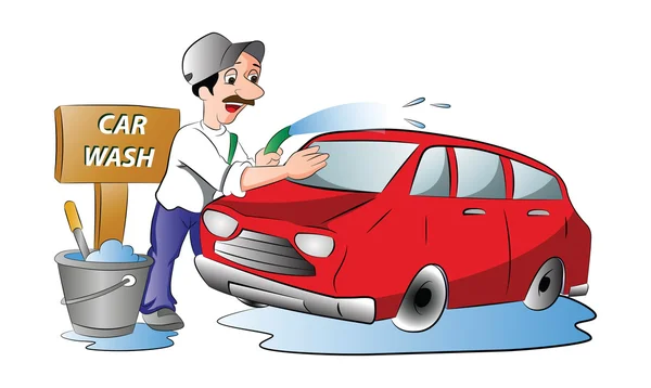 Muž mytí červené auto, ilustrace — Stockový vektor