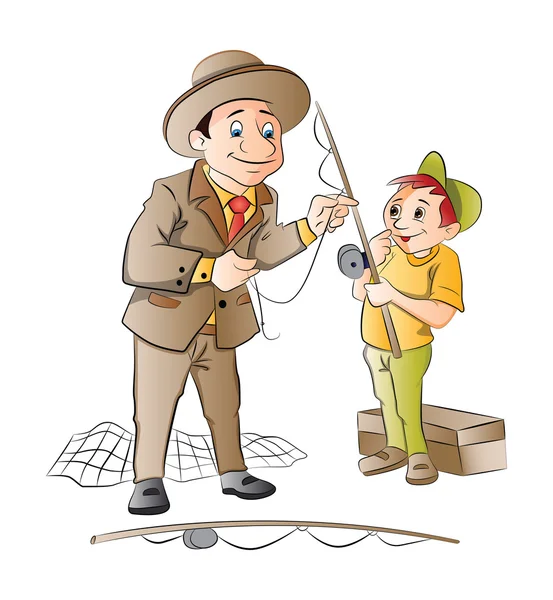 Man Teaching a Boy How to Fish, illustration — Stock Vector