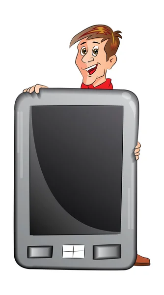 Uomo in possesso di un grande PC Tablet, illustrazione — Vettoriale Stock