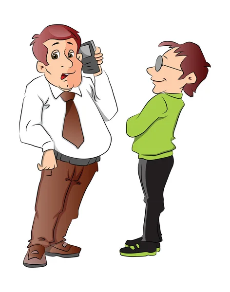 Dois homens, um usando um celular, ilustração — Vetor de Stock