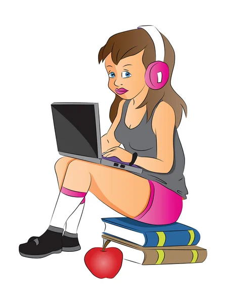 Διάνυσμα, έφηβος κορίτσι χρησιμοποιώντας φορητό υπολογιστή και ακουστικά, κάθεται στο προσαρμο — Διανυσματικό Αρχείο