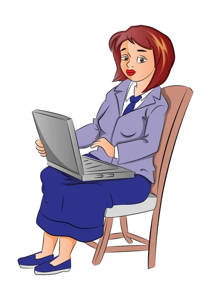 Vector portrait of businesswoman using laptop on chair. — Stock Vector