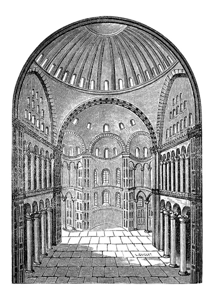 Vista interior de Hagia Sophia em Istambul, Turquia, vintage engra — Vetor de Stock