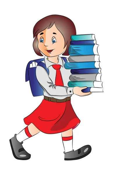 Vecteur d'une écolière portant une pile de livres . — Image vectorielle