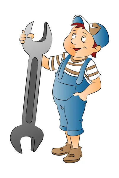 Junge mit großem Schraubenschlüssel, Illustration — Stockvektor