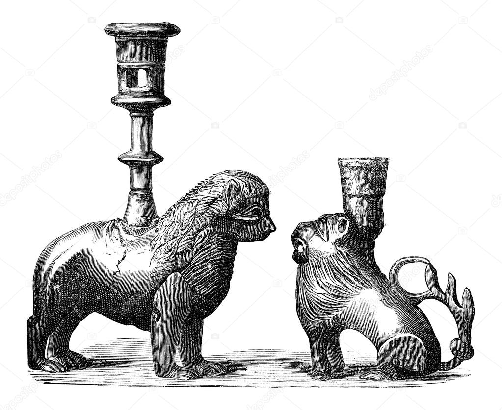 Bronze Candleholders, vintage engraving