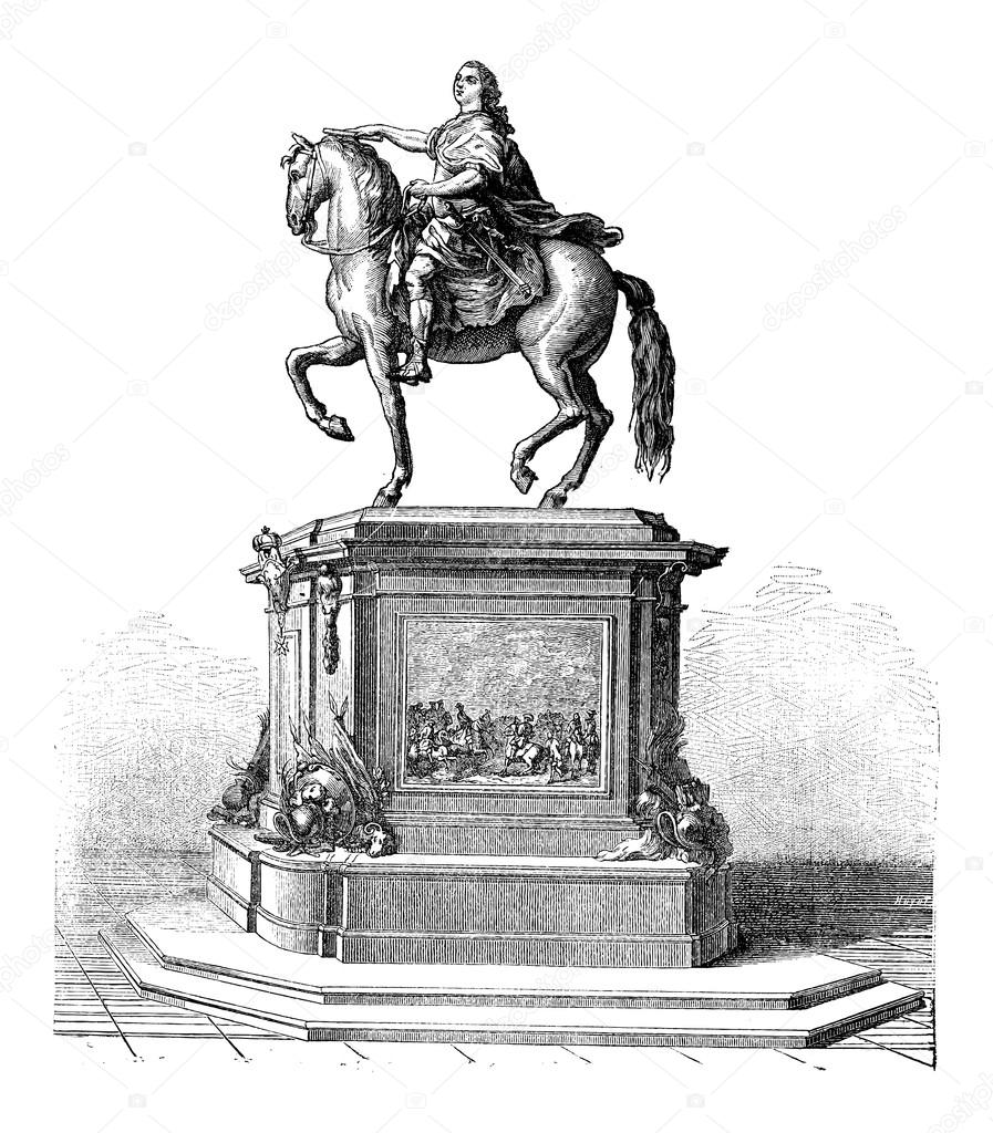 Bronze Statue of King Louis XV of France, vintage engraving