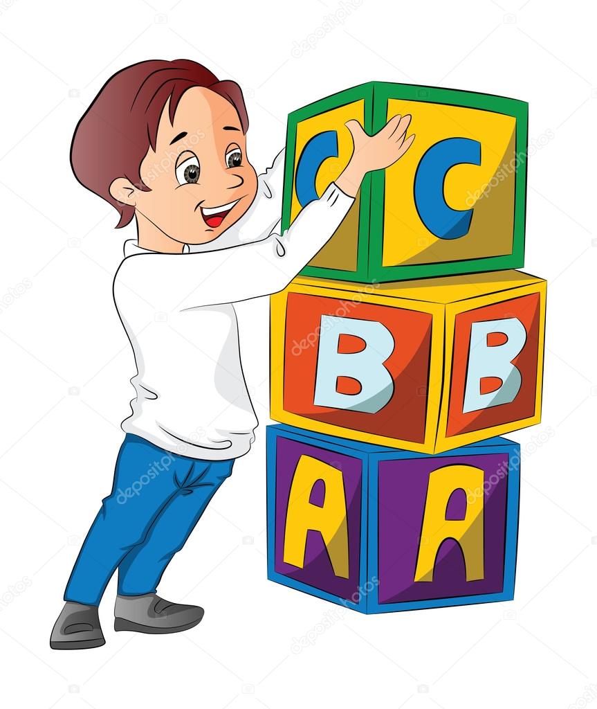 boy stacking alphabet blocks, illustration | 图库矢量图片 08