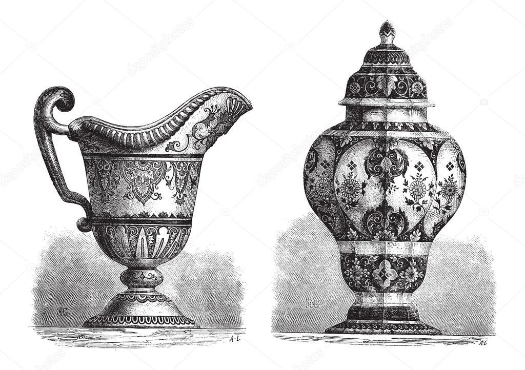 Various Earthenwares, found in Rouen, France, vintage engraving