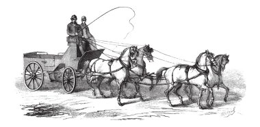 4 tekerlekli araba 4 atlar tarafından çekilen antika gravür