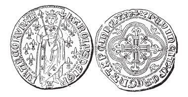sikke para birimi, France, charles VII antika gravür