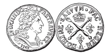 Coin Currency, Louis XIV of France, vintage engraving clipart