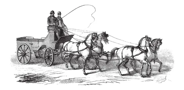 4-hjul vagn dragen av 4 hästar, vintage gravyr — Stock vektor