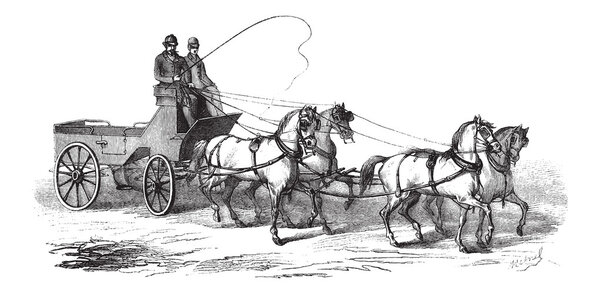 4-wheeled Wagon drawn by 4 Horses, vintage engraving