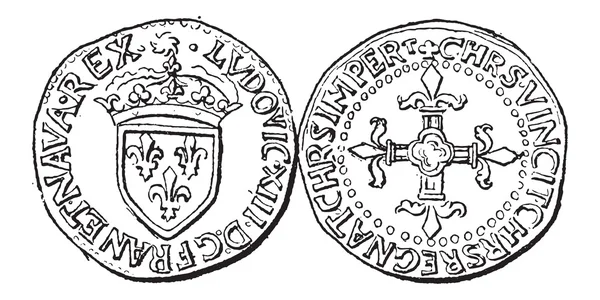 Moneda, Luis XIII de Francia, grabado vintage — Vector de stock