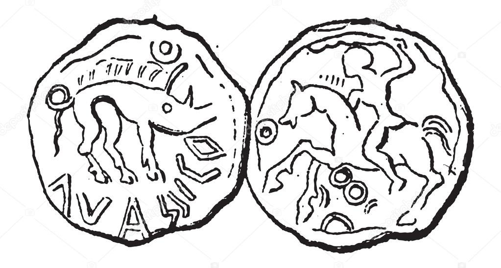 Ancient Celtic Coin, vintage engraving
