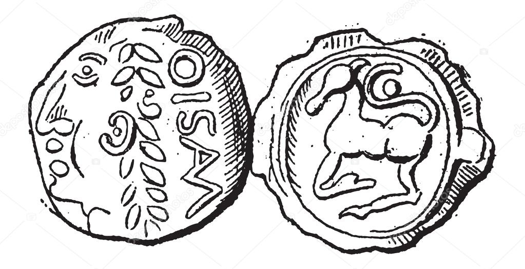 Ancient Celtic Gold Coin of Santones, vintage engraving