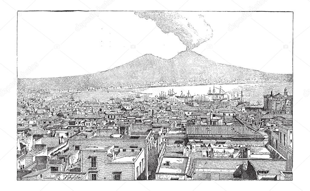 City of Naples, in Campania, Italy, vintage engraving