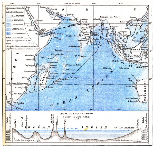 Mapa do Oceano Índico, gravura vintage — Fotografia de Stock