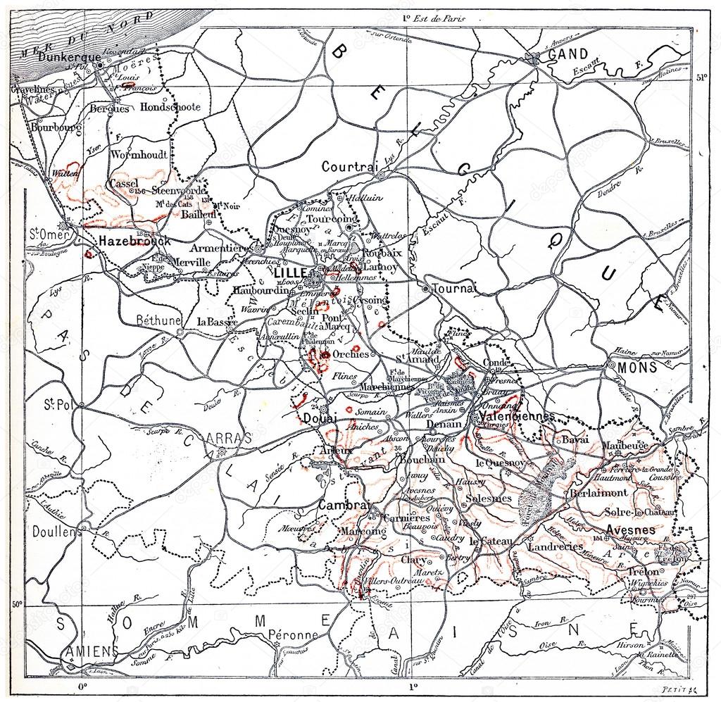 Topographical Map of Nord in NordPasdeCalais, France, vintage Stock