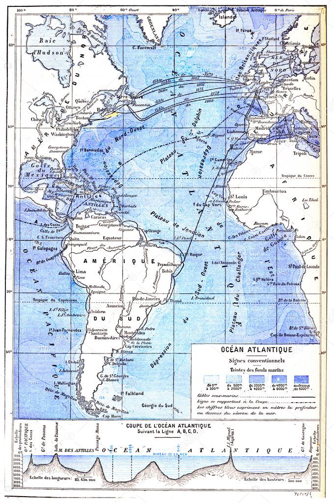 Map of the Atlantic Ocean, vintage engraving