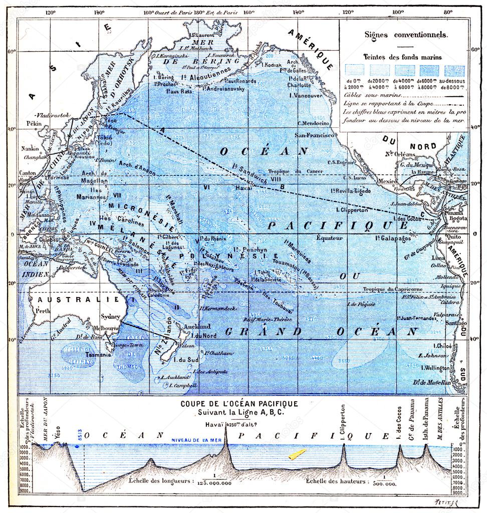 Map of the Pacific Ocean, vintage engraving