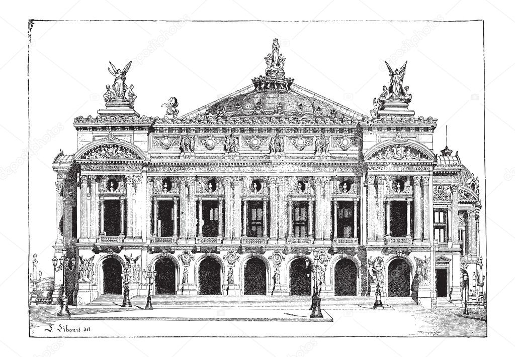 Paris Opera, in Paris, France, vintage engraving