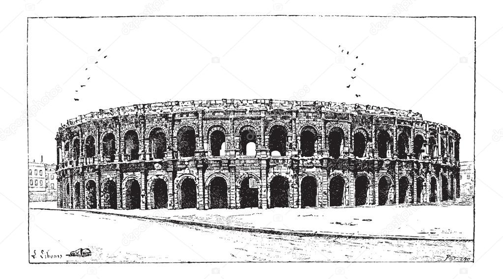 Arena of Nimes, in Nimes, Languedoc-Roussillon, France, vintage