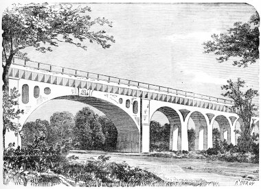 Fontainebleau Aqueduct in Seine-et-Marne, France, vintage engrav clipart