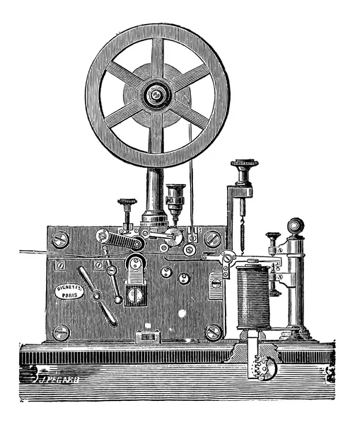 Afdrukken elektrische telegraaf ontvanger, vintage gravure — Stockvector